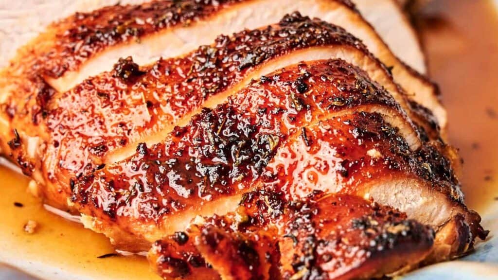 Close-up of sliced glazed turkey breast with visible seasoning.