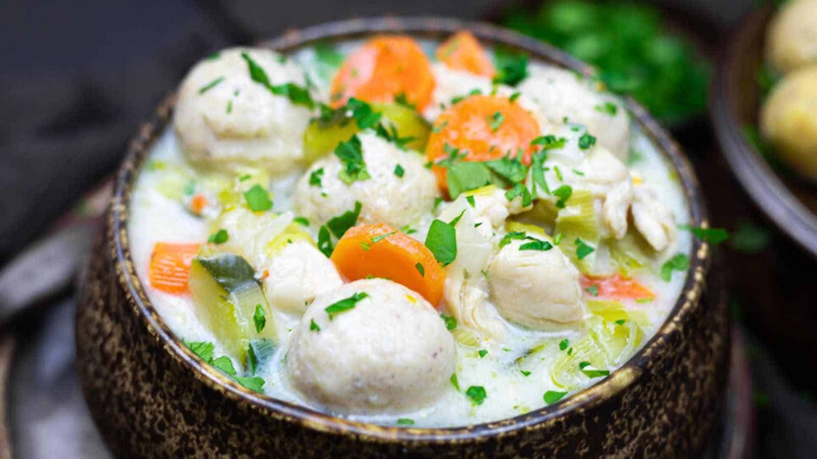 A bowl of creamy soup with chicken, vegetables, and dumplings.