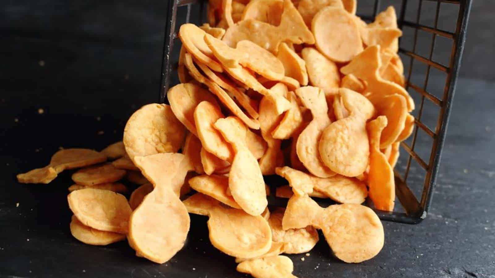 Keto Goldfish Crackers on a black board.
