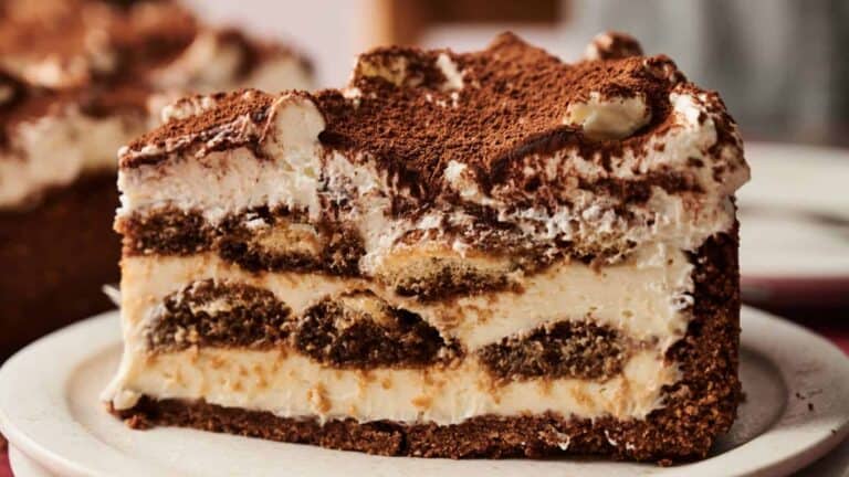 A slice of tiramisu cheesecake with layers of creamy mascarpone and coffee-soaked ladyfingers.