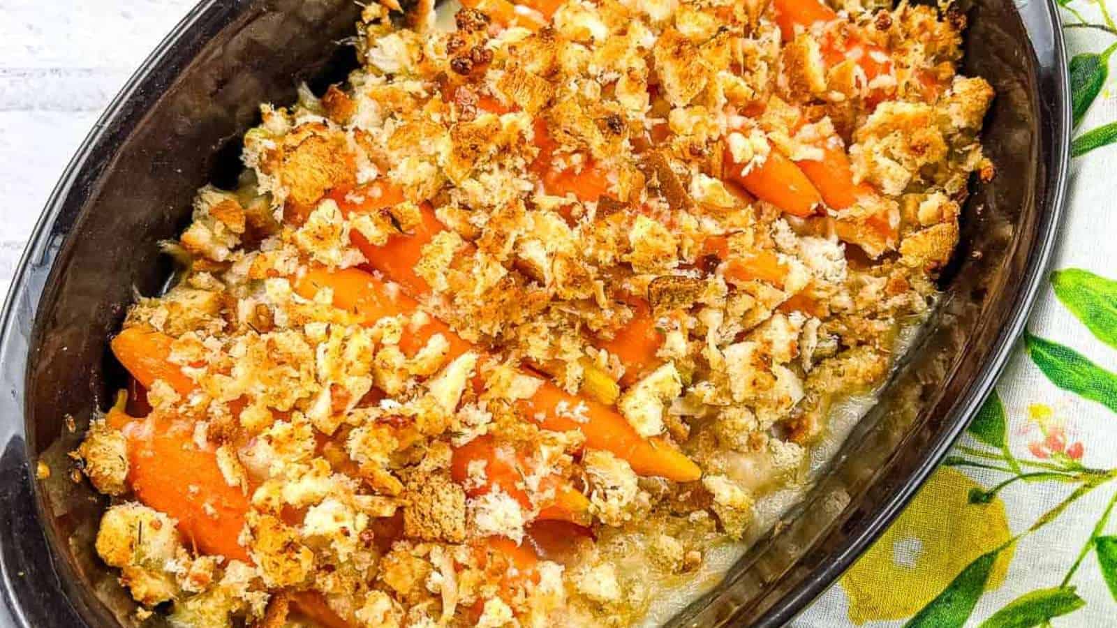 A casserole dish filled with carrots au gratin.