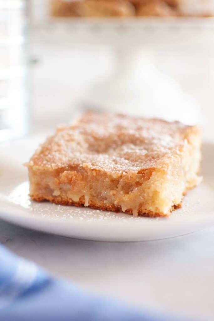 Close-up shot of a slice of gooey butter cake showing its soft, gooey interior with powdered sugar dusting the top.