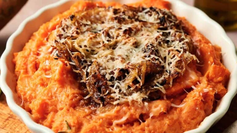 A serving of mashed sweet potatoes topped with caramelized onions and shredded cheese.