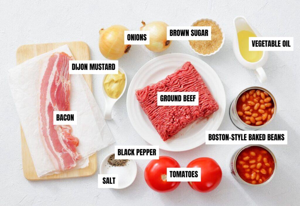 Ingredients for Southern Ground Beef & Baked Bean Casserole, including bacon, ground beef, onions, Dijon mustard, and canned baked beans.