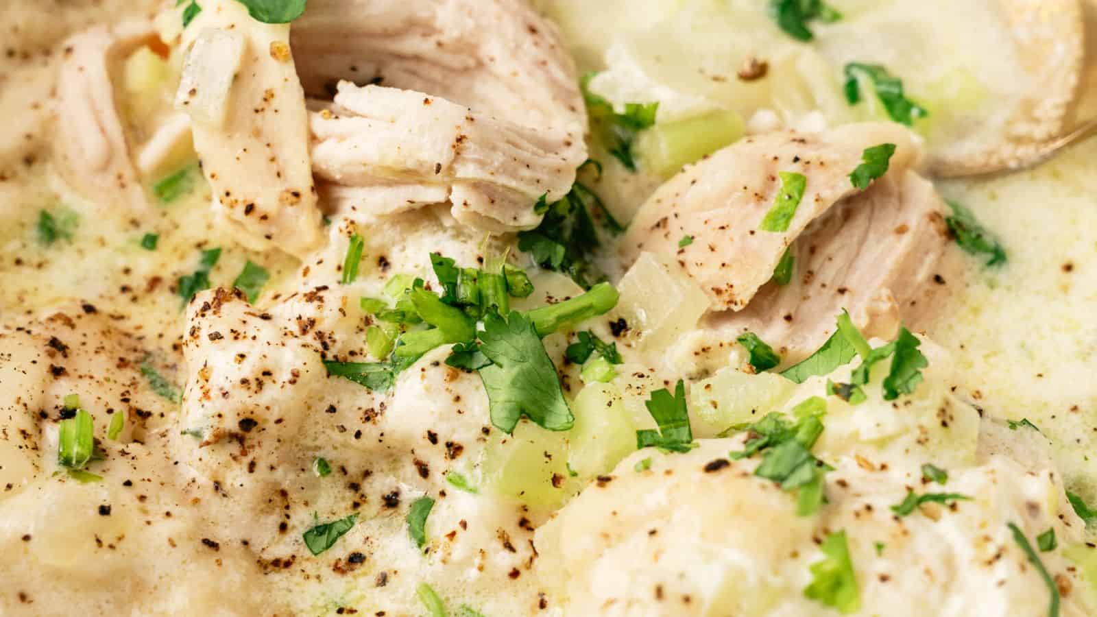 Close-up of creamy chicken and dumplings garnished with chopped parsley and black pepper.