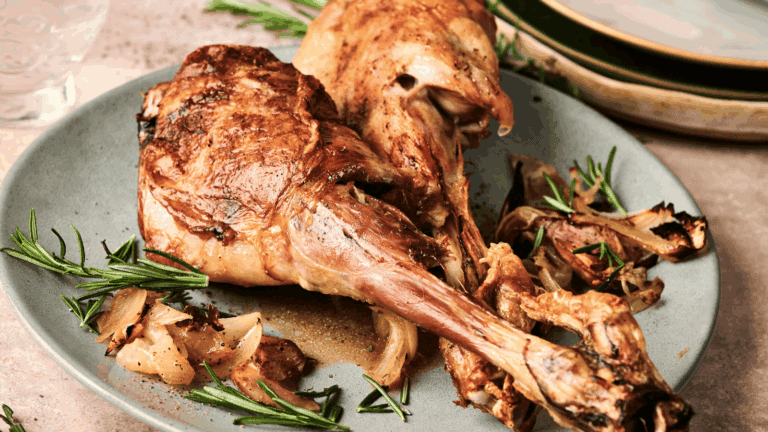 A roasted leg of lamb served with roasted onions and rosemary on a plate, showing golden-brown crispy skin.