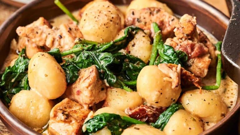 A dish featuring chicken, gnocchi, spinach, and creamy sauce, garnished with black pepper and a hint of greenery.