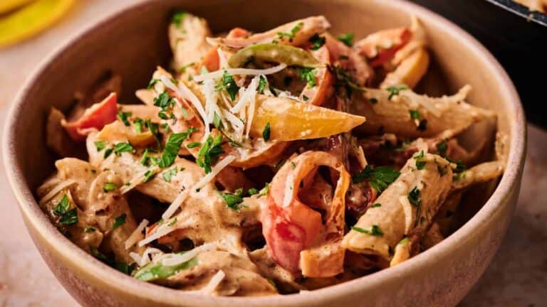 A vibrant bowl of rasta pasta, featuring colorful bell peppers and creamy sauce, mixed with pasta.