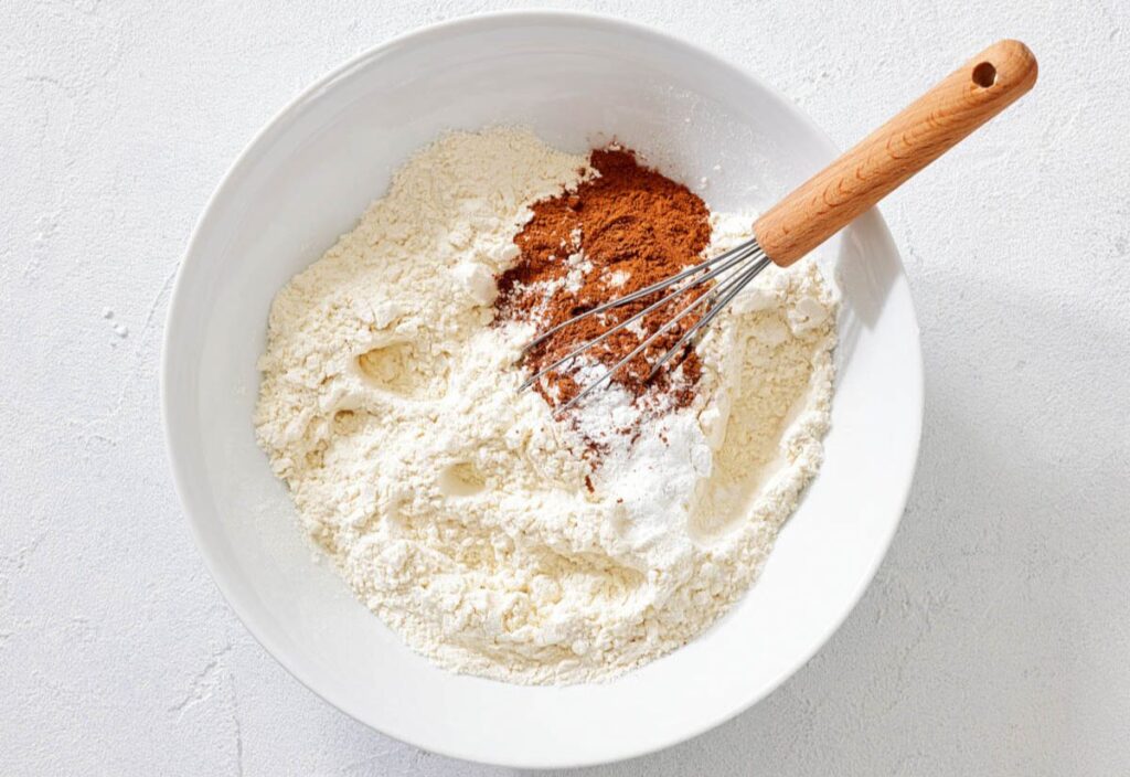 White bowl with flour, cinnamon, and baking powder being whisked.