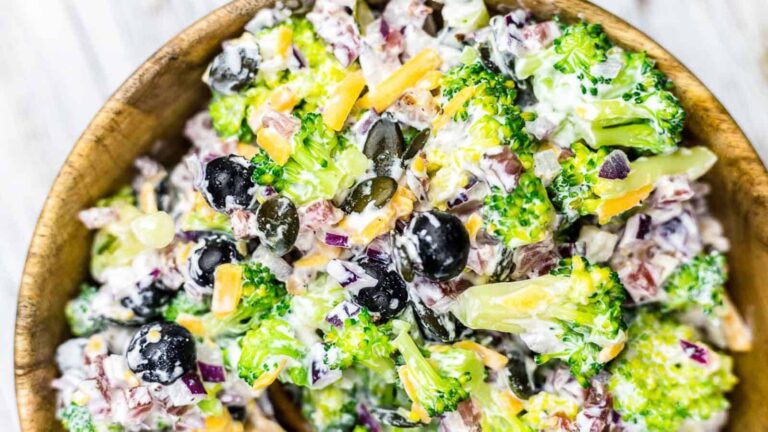 Keto Broccoli Salad with Bacon inside wooden bowl.