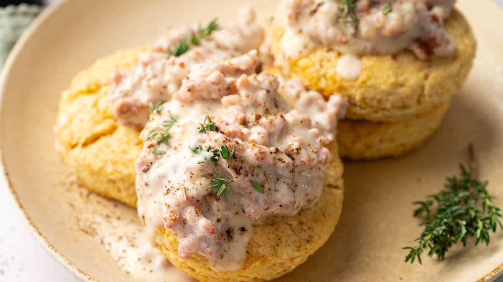 Two biscuits topped with creamy sausage gravy and garnished with fresh thyme are served on a beige plate.